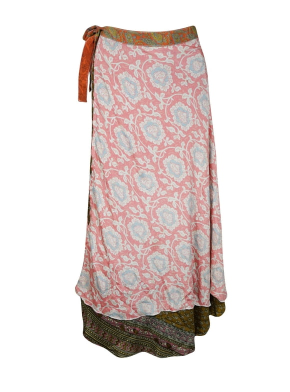 Mogul Womens Midi Wrap Skirt, Pink Printed Sari Skirt One Size