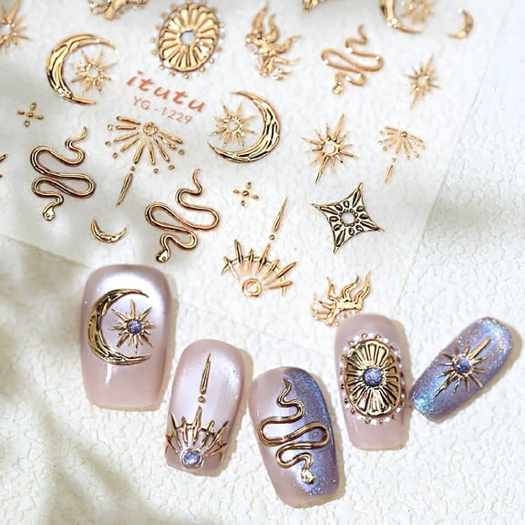 RAGUPEL Gold Nail Art Sticker Decals Star Moon Nail Stickers Snake with Design Self Adhesive Nail Decals 5D Embossed with Design Bronzing Manicure Diy Supply Decoration Accessories for Women