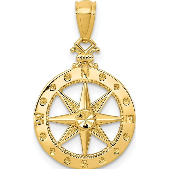 14K Yellow Gold Diamond-Cut Polished Compass Pendant Made In United States k6095