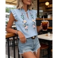 thumbnail image 5 of Felirenzacia Women's Boho Floral Embroidered Blouse Ruffle Sleeve Tie Neck Crinkle Blouse, Casual Summer Tops Blue,S, 5 of 7