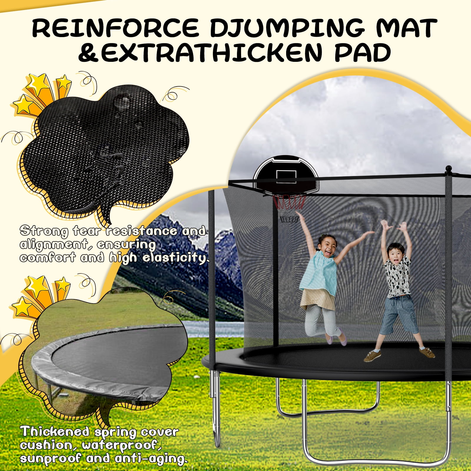 14FT Outdoor Trampoline with Basketball Hoop and Ladder for Kids and Adults，Heavy Duty Recreational Trampoline with Safety Enclosure,Anti-Rust Frame,Backyard Trampoline for Gift,Black