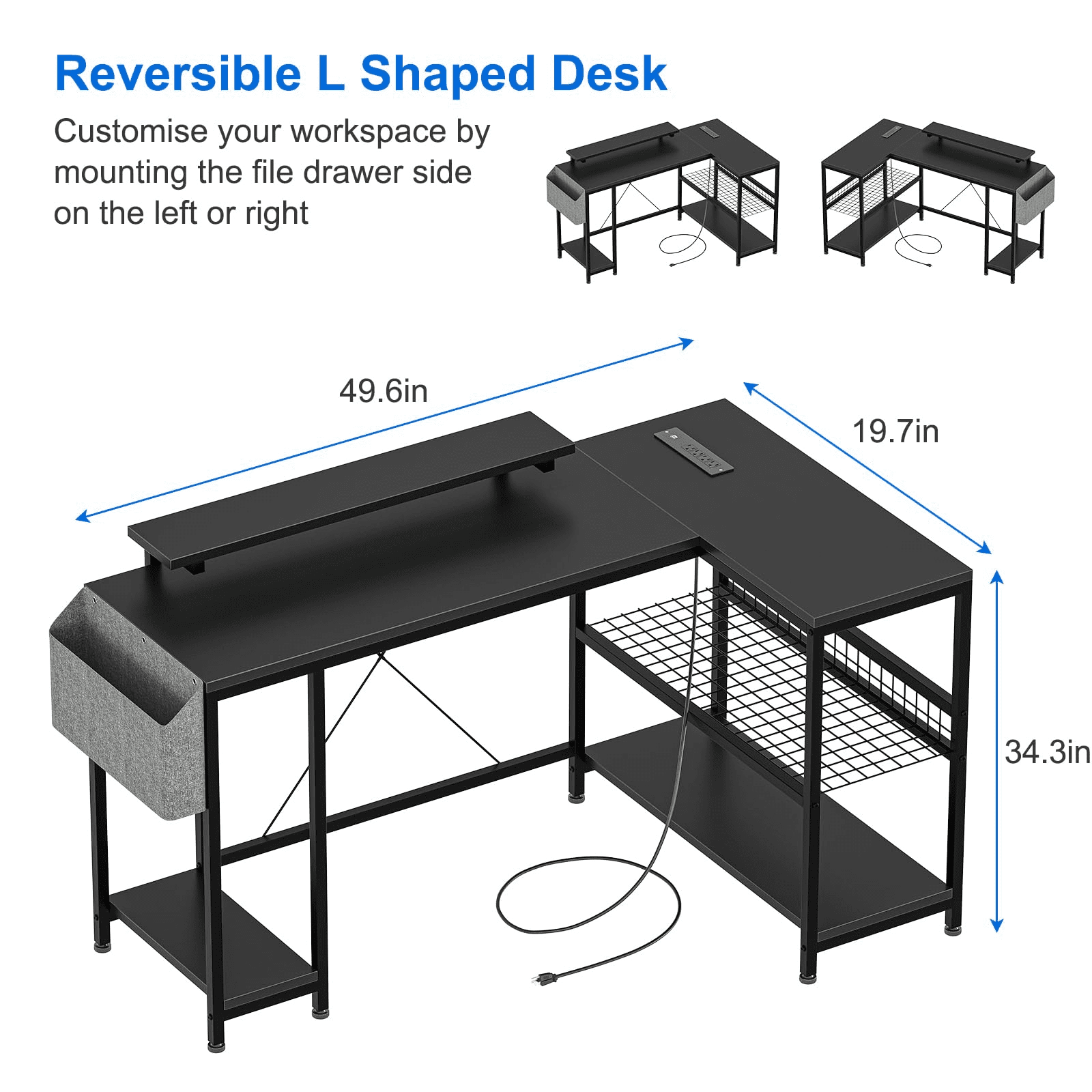 Jojoka 49.6" Reversible L Shaped Computer Gaming Desk with LED Light & Power Outlets, Corner PC Desk with Storage Shelves & Monitor Stand, Home Office Desk, Writing Desk, Workstation, Black