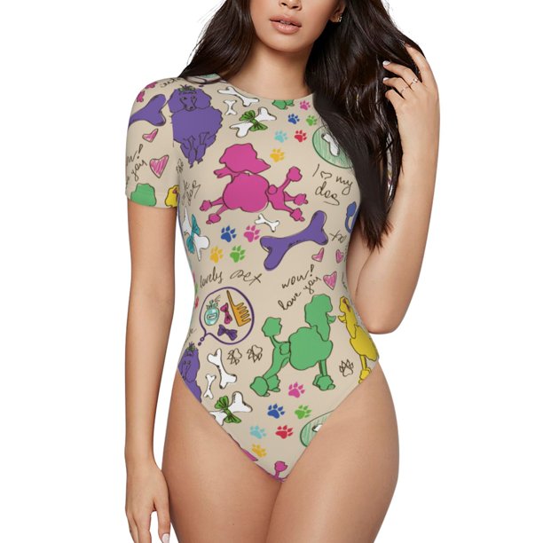 Fotbe Colorful Poodle Dog Body de Mujer con Cuello Redondo y Mangas Cortas, Sin Mangas Ajustado, Suave, Cómodo y Básico-Small