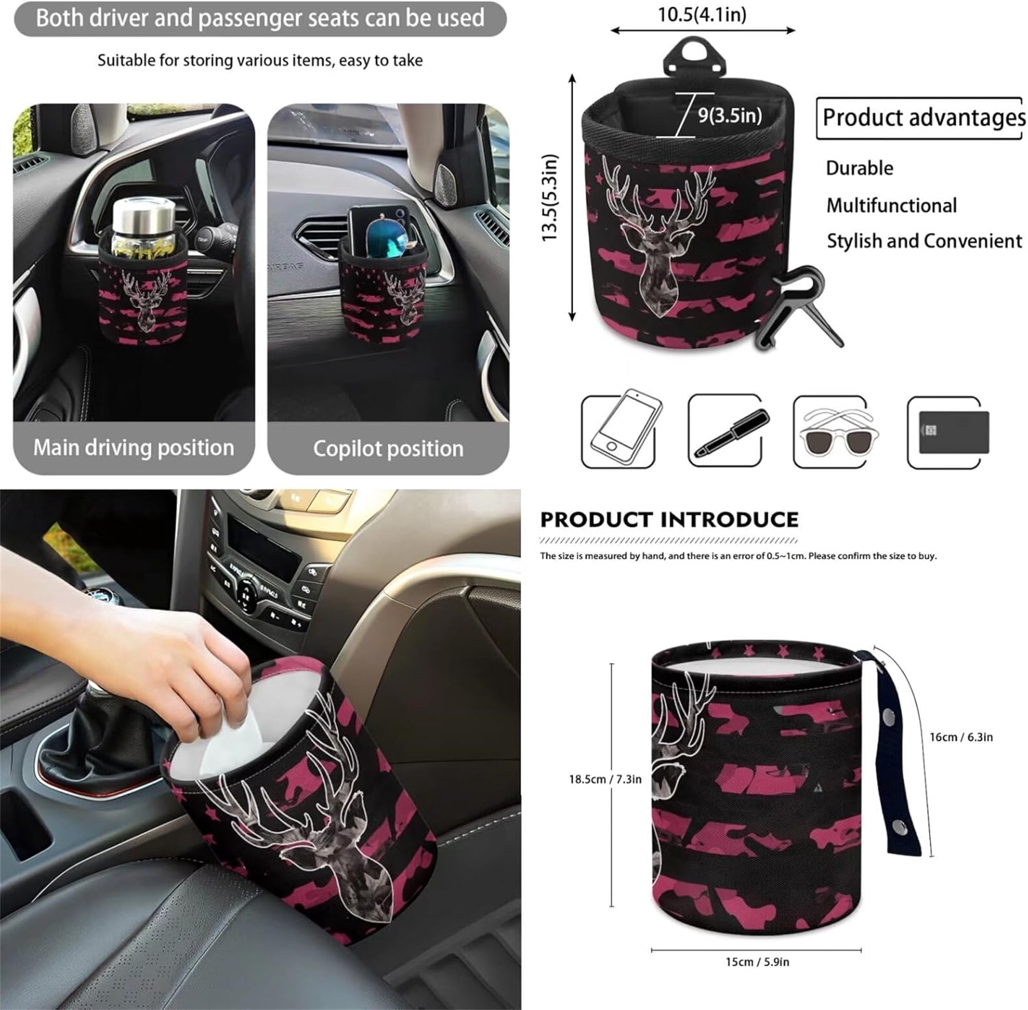 Jeiento Deer Front Car Seat Covers Full Set 12 PCS with Steering Wheel Cover Seat Belt Pads Center Console Cover Coasters Trash Bin Phone Holder Cup Holders Rearview Mirror Cover Key Ring Pink Camo