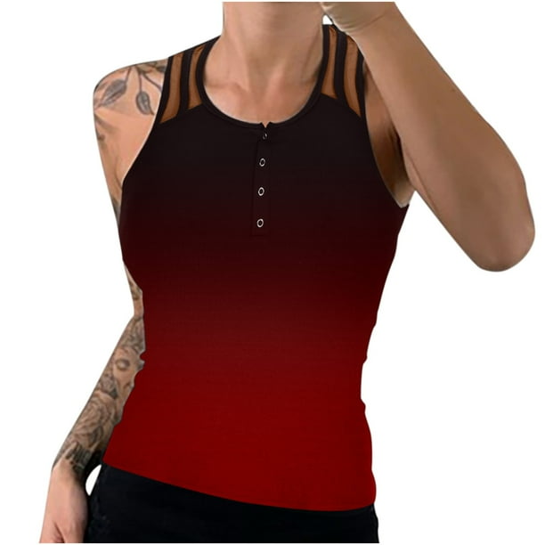 Blusa informal de malla con botones a presión para mujer, ajustada, sin mangas, con estampado de hilo Pompotops lopia992313