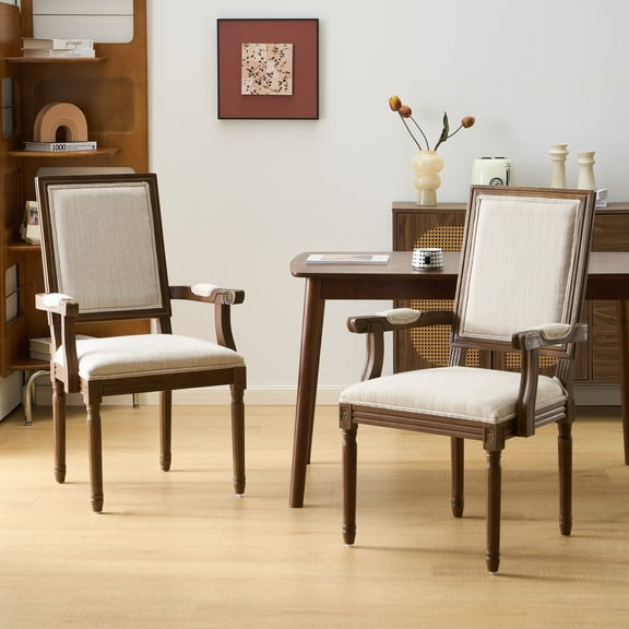 Christopher Knight Home Upholstered Dining Armchairs, Square Backrest with Fluted Legs, Walnut Beige, Set of 2
