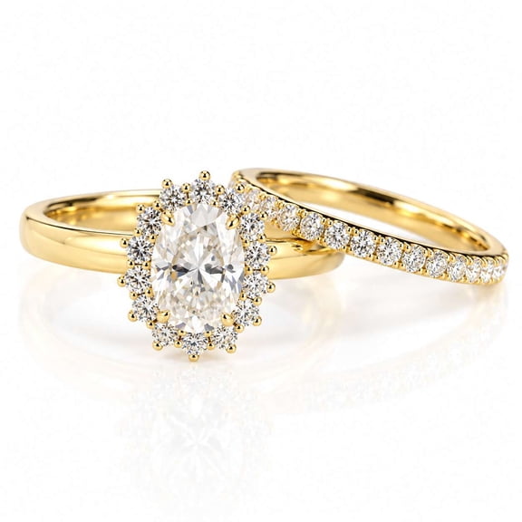 vylahjewellery 14K Vermeil Yellow Gold Wedding Bridal Ring Half Eternity Wedding Band Luxury Oval Cut Engagement Ring Set Halo Moissanite Diamond Pave Proposal Jewelry