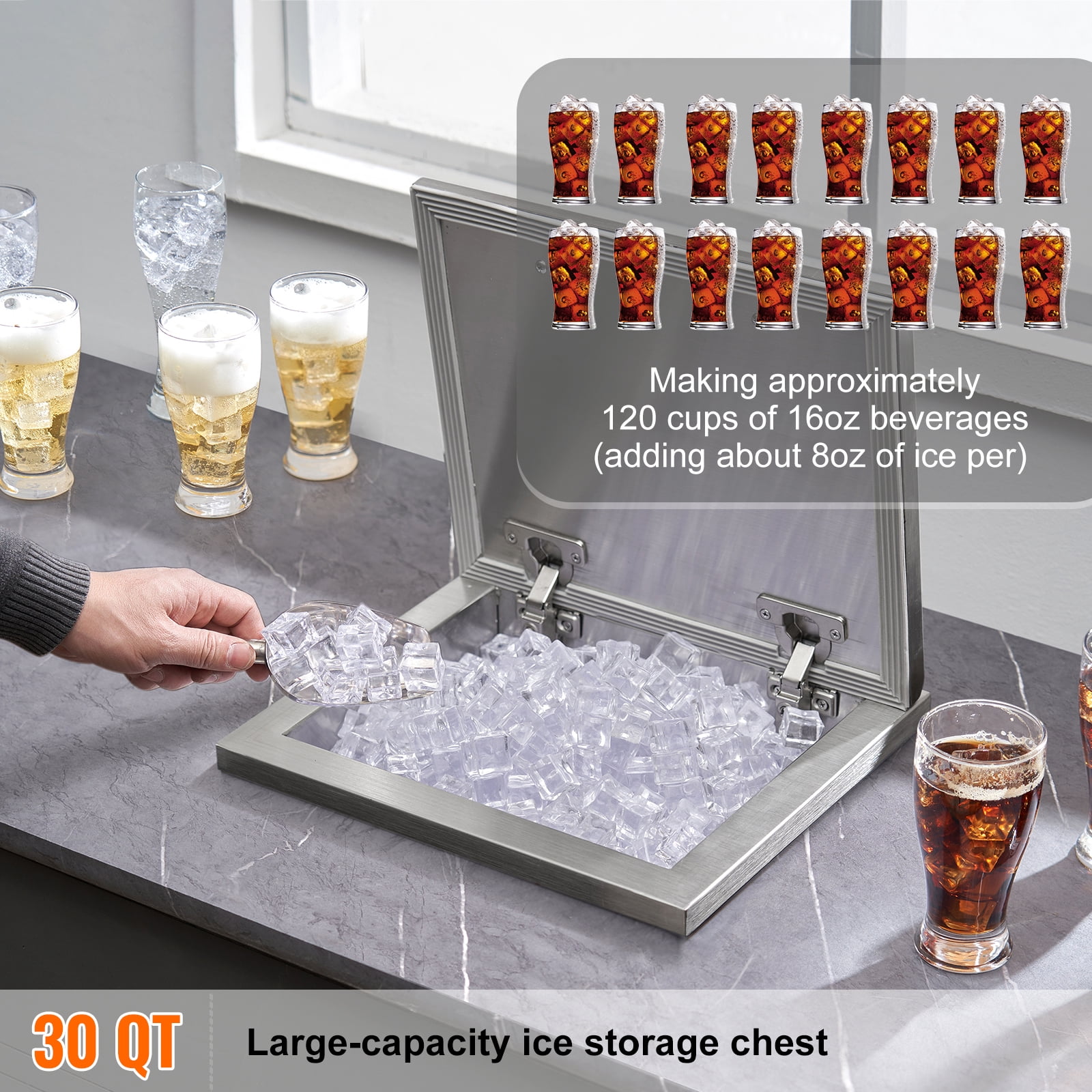 KFFKFF Inset Ice Storage, 14"L x 12"W x 18"H Stainless Steel Chilled Container, Professional Ice Holder with Flip Lid, 40 qt Patio Kitchen Ice Station, Drainage Tube and Drain Stopper Included