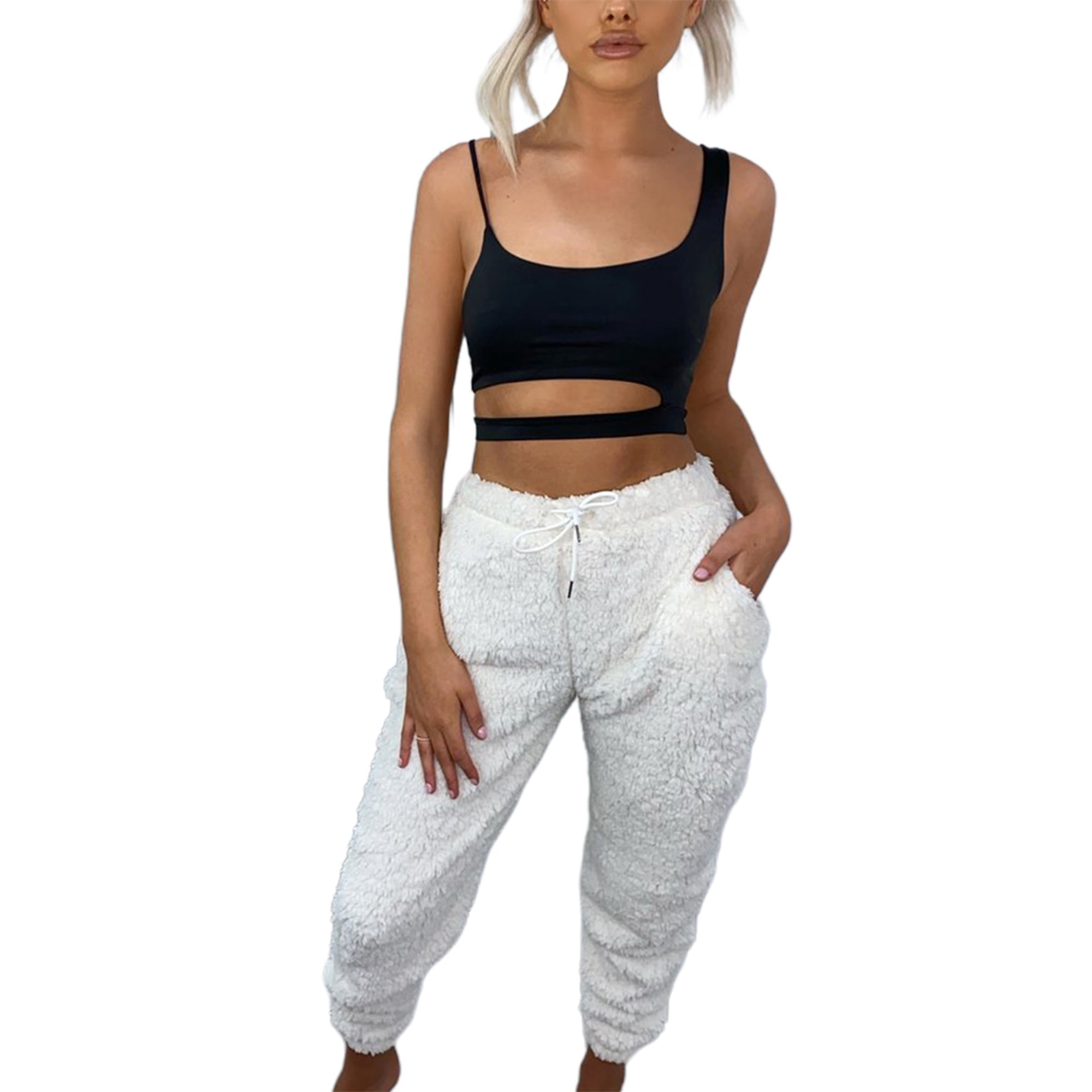 Eyiiye Women Pajama Pants Warm Fleece Lounge Pants Sleepwear Bottoms With Pockets Black