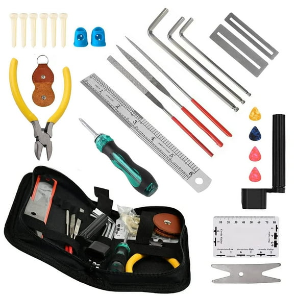 28PCS Guitar Tool Kit,Guitar Repair Tools Kit,Professional Guitar Repairing Maintenance Tool Kit with Wire Plier String Organizer Fingerboard Protector Hex Wrenches Files String Action Ruler Spanner