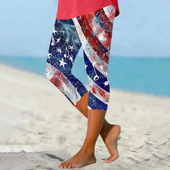 Sakmal Capri Pants for Women Slim Leg Independence Day Oversized Blue American Flag Elastic Waist Mid Rise 7/8th Capris