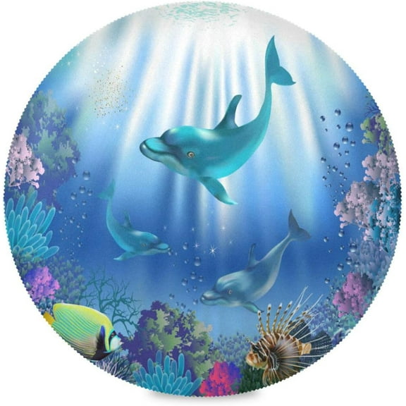 48"X 48" Ocean Sea Dolphin Fish Elastic Fitted Edged Round Tablecloth Fade Resistant Anti-Shrink Table Cloth Washable Table Cover for Banquet Home Indoor or Outdoor