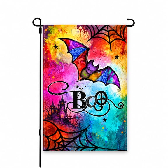 Colorful Halloween Bat & Boo Garden Flag 12x18 Inch - Vibrant Outdoor Decor for Yard, Lawn, Patio or Porch - Spooky Seasonal Design with Haunted House