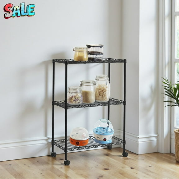 Tcbosik 3-Tier Storage Shelves, Heavy Duty Metal Shelves Wire Rack Shelving Unit, Adjustable Shelf with Wheels for Home Office Garage Kitchen Bathroom, 19.69"L x 9.84"W x 28.35"H, Black