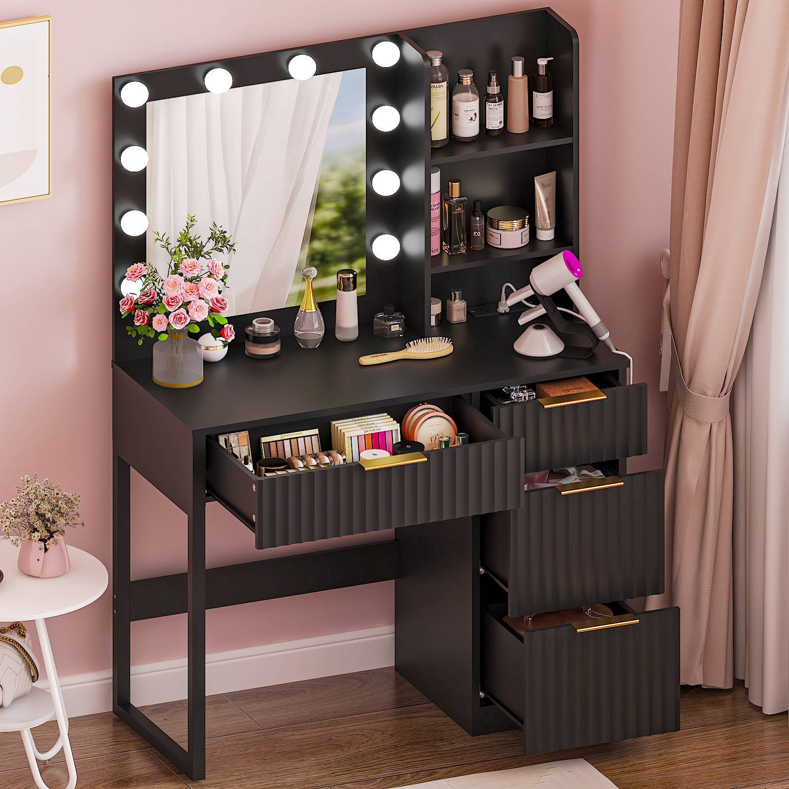 Ktaxon Lighted Makeup Vanity Table, White Dressing Desk with Charging Station, Black