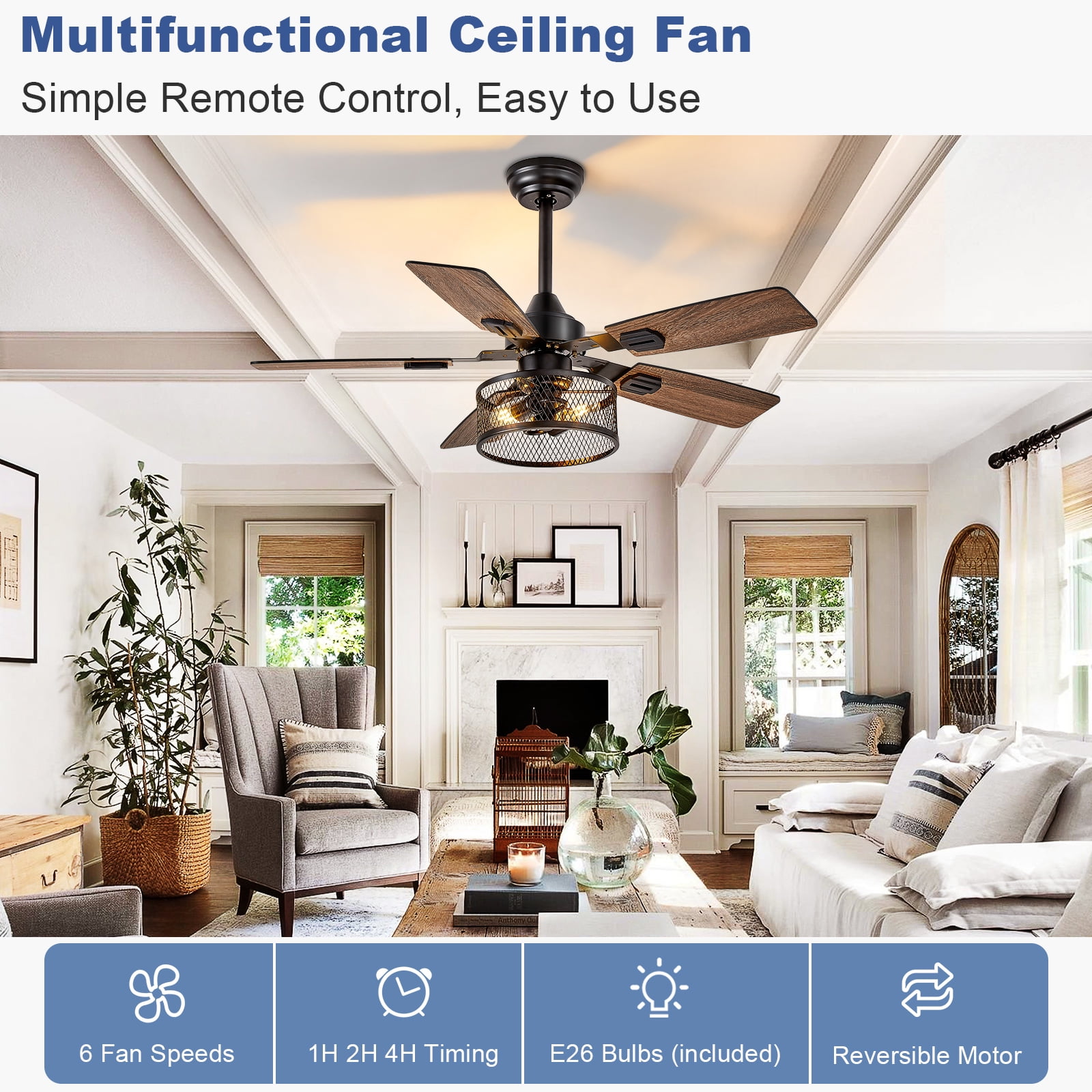 Depuley 42-Inch Fine Net Caged Ceiling Fans with Lights: Dual Finish 5 Black Walnut Blades Hanging Fan - Rustic Ceiling Fan with Remote Control for Farmhouse Indoor/Outdoor Use