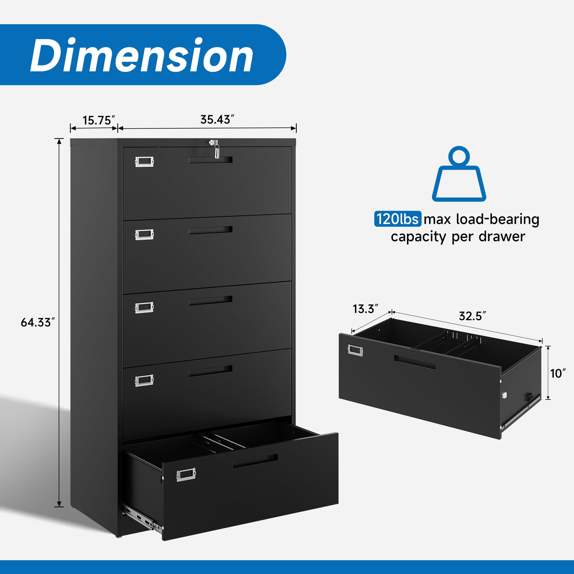 Fesbos 5 Drawer File Cabinet with Lock,Metal Lateral Filing Cabinets for Home Office Hanging Files Letter/Legal/F4/A4 Size, Assembly Required - Black