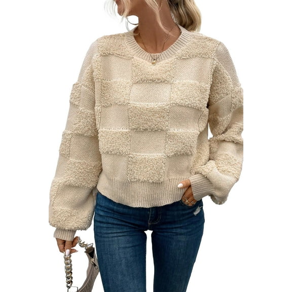 Women's Parchment Checkered Sherpa Crew Neck Sweater | [ZhiHiMeRi] | (US 12-14)L