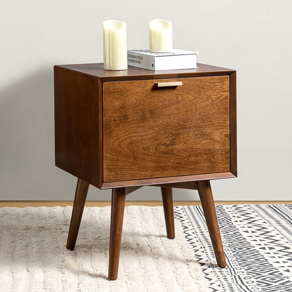 Modern End Table Charging Station Hidden 2 Drawers Wooden Table Living Room, Walnut