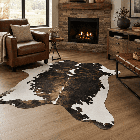 HOISUN 5.2'x6.2' Brown Faux Cowhide Area Rug for Living Room, Non-Slip Carpet