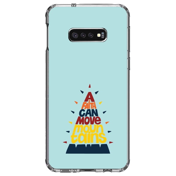 DistinctInk Clear Shockproof Hybrid Case for Samsung Galaxy S10e (5.8" Screen) - TPU Bumper, Acrylic Back, Tempered Glass Screen Protector - A Faith Can Moves Mountains