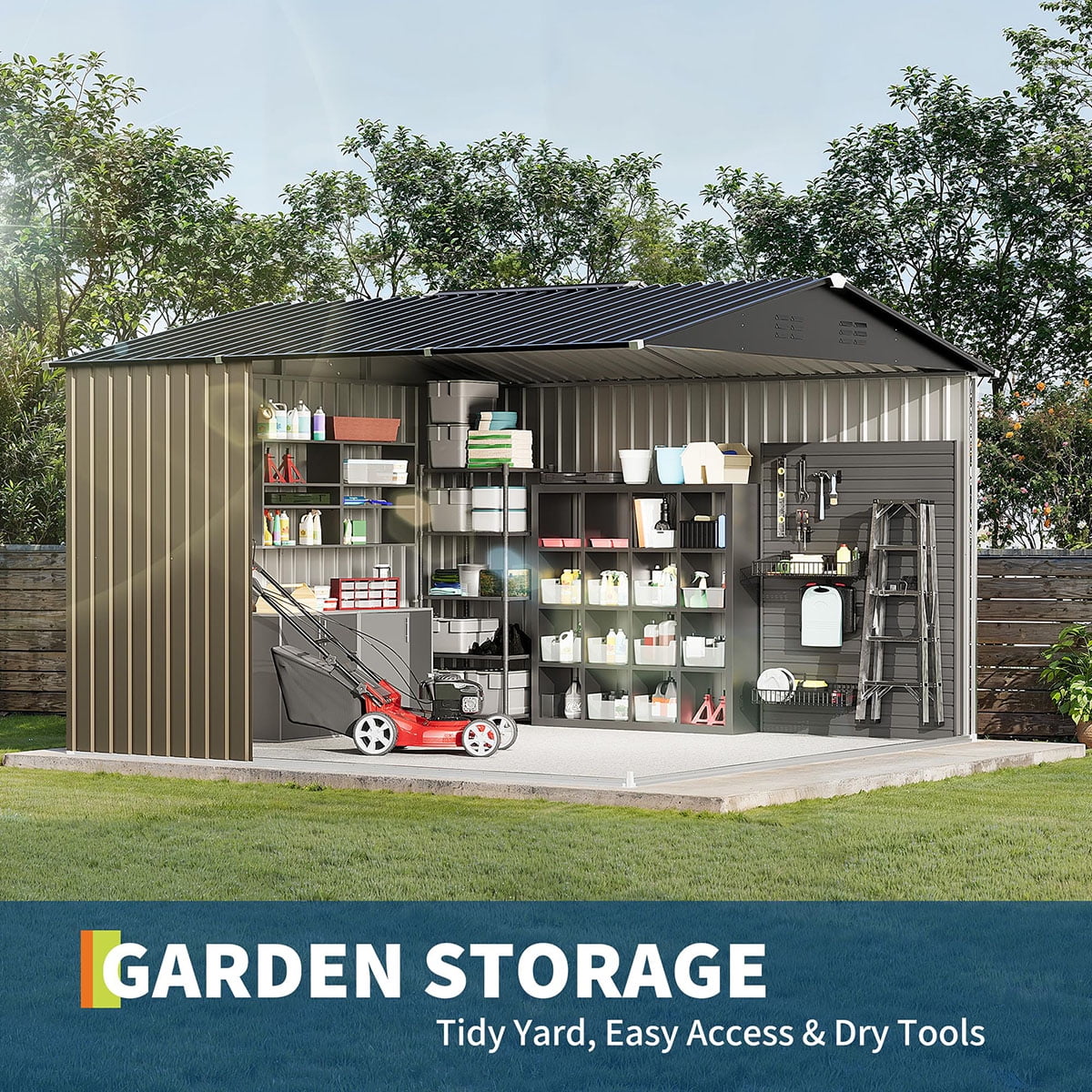 Soonbuy 10x10 FT Outdoor Storage Shed, Large Metal Garden Shed with Lockable Door & Peak Roof, 540 Cu Ft Capacity, All-Weather Galvanized Steel Tool Shed for Backyard, Patio, Lawn (ship in 3 boxes)