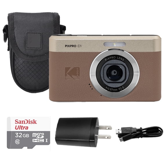 Kodak PIXPRO C1 Compact Digital Camera Brown   32GB Memory Card   Case