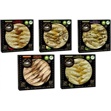 Grilled Catch Wild Caught Brisling Sardines in olive oil 5 Flavor Variety Pack, 4.2 Ounce each