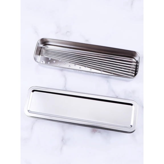 ABCISI Flatware Tray with Lid, Stainless Steel Cutlery Tray Holder, Chopsticks Storage Boxes Kitchen Draining Chopstick Spoon Fork Storage Box with Lid and Drainer (Silver)