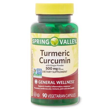 Spring Valley Turmeric Curcumin with Ginger Powder General Wellness Dietary Supplement Vegetarian Capsules  500 mg  90 Count