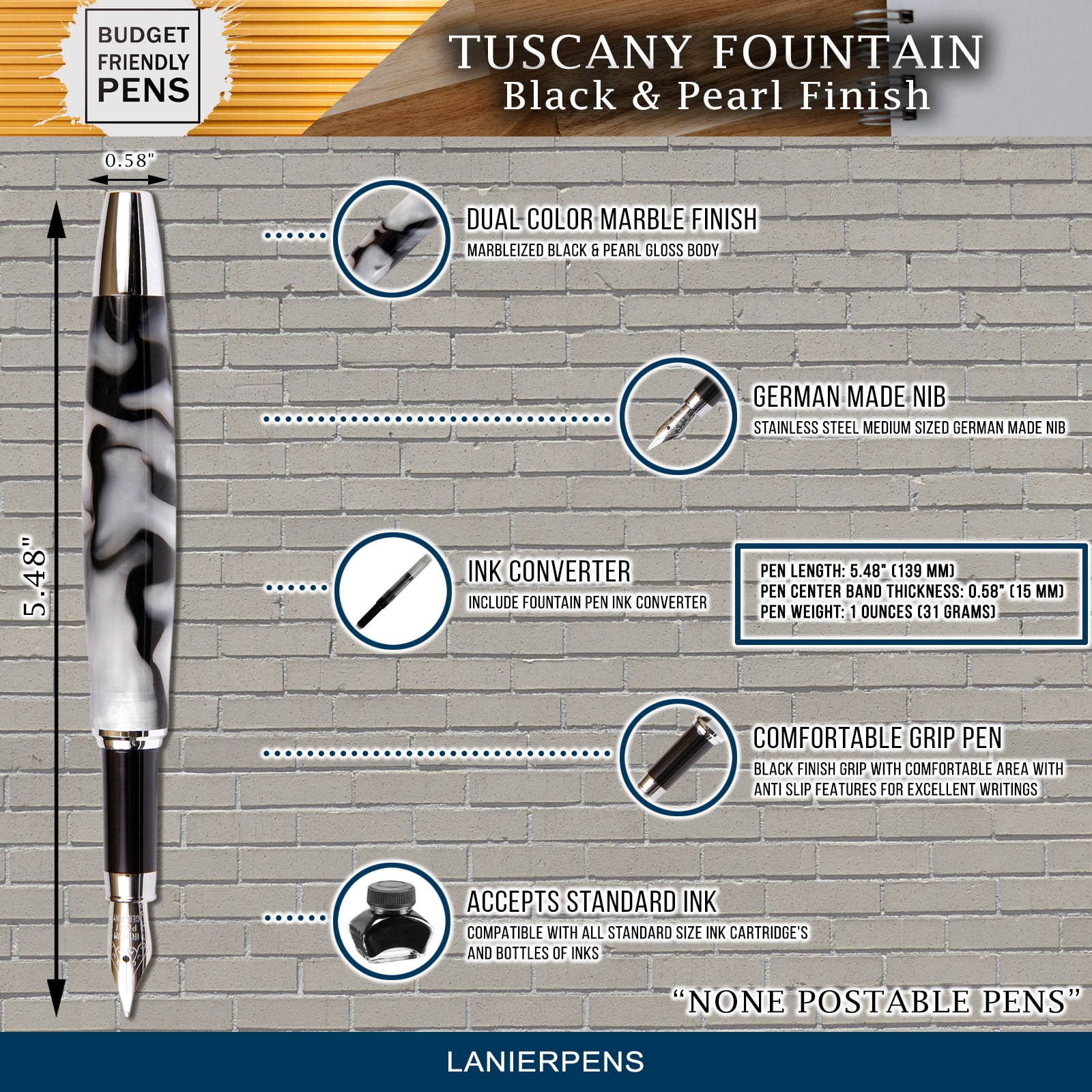 Tuscany Fountain Pen - Green & Black Marbleized Gloss Body (Nib Medium Tip)