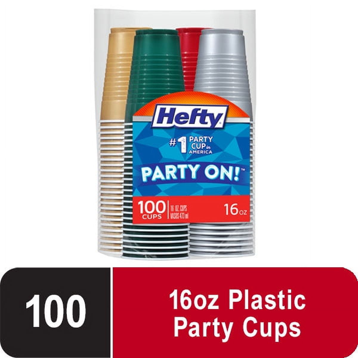 Hefty Party On Disposable Plastic Party Cups, Holiday Assorted Colors, 16 oz., 100 Count