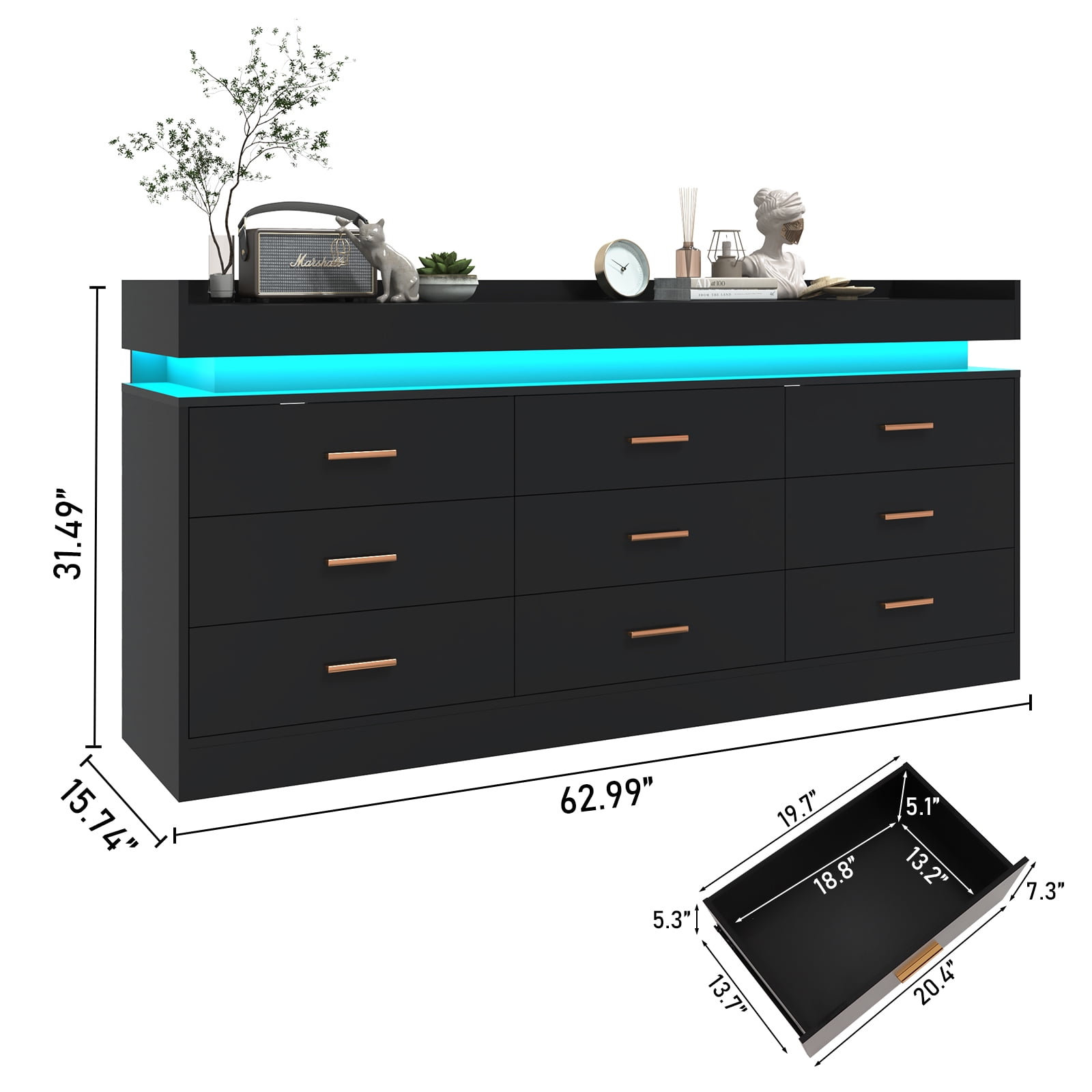 ANPOO 9 Drawer Dresser with LED Lights and Charging Station, Modern Double Wide Chest of Drawers with Power Outlet for Bedroom, Living Room