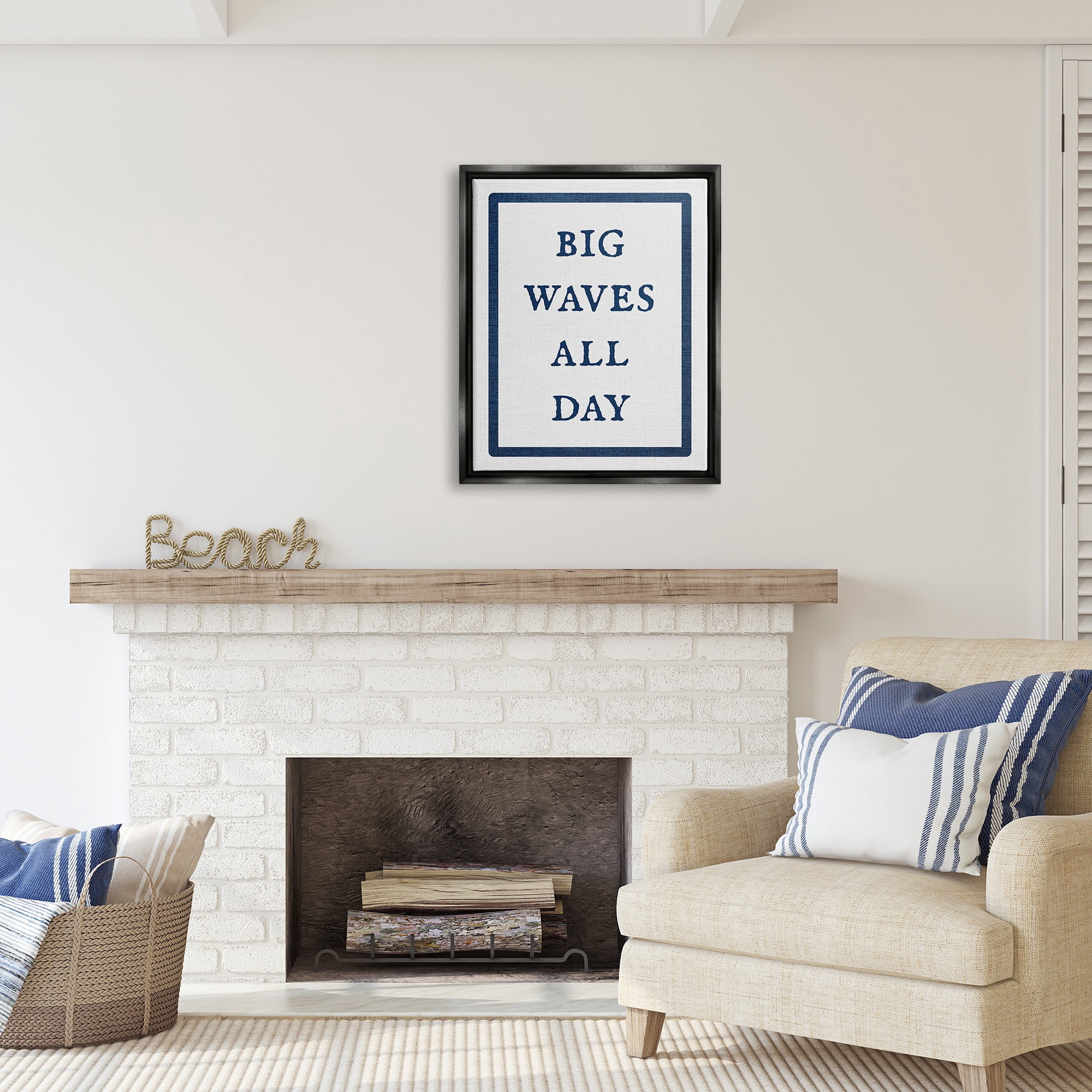 Stupell Industries Big Waves All Day Phrase Nature Painting Black Floater Framed Canvas Art Print Wall Art, 25 x 31