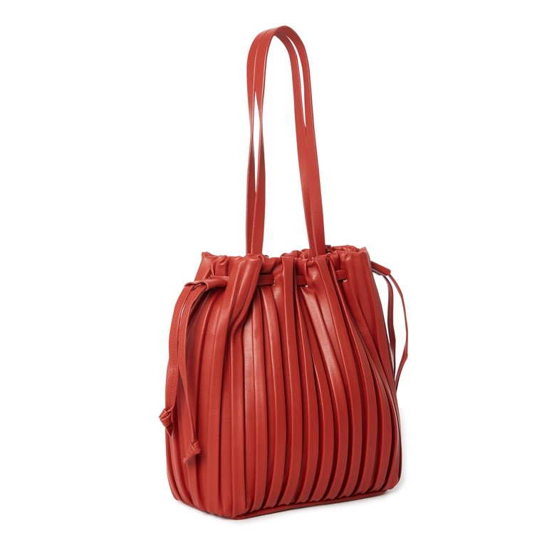 Time & Tru Women's Faux Leather Pleated Bucket Handbag