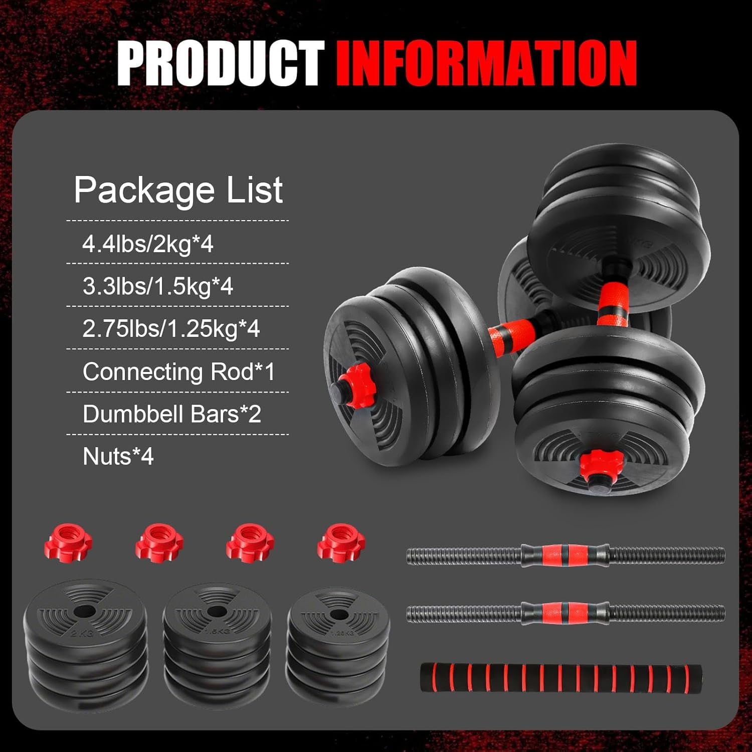 Adjustable Dumbbells Set, Upgrade 44LBS Free Weight Set with Connecting Rod, 3 in 1 Dumbbell Set Used as Dumbbells, Barbell, Push Up Stand, Fitness Exercise for Home Gym Suitble Men/Women