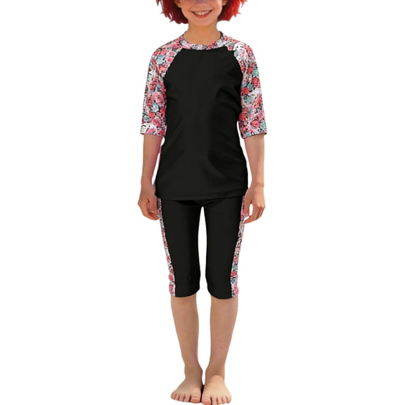 Girls Two Piece Swimsuit Crew Neck Half Sleeve Tops Slimming Capri Pants Print Stretchy Modest Bathing Suit (1-2Years, Hot Pink)