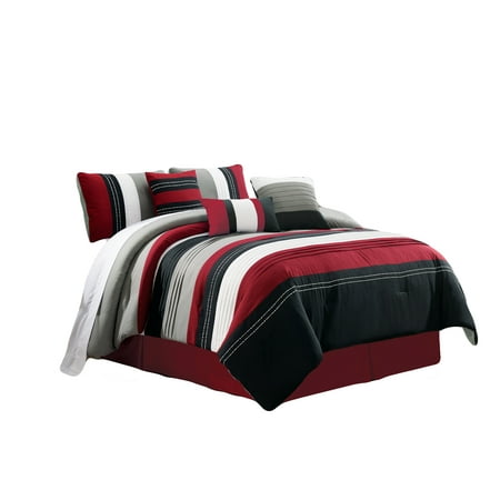 7 Pc Jordan Embroidery Pleated Stripe Lines Comforter Set Burgundy