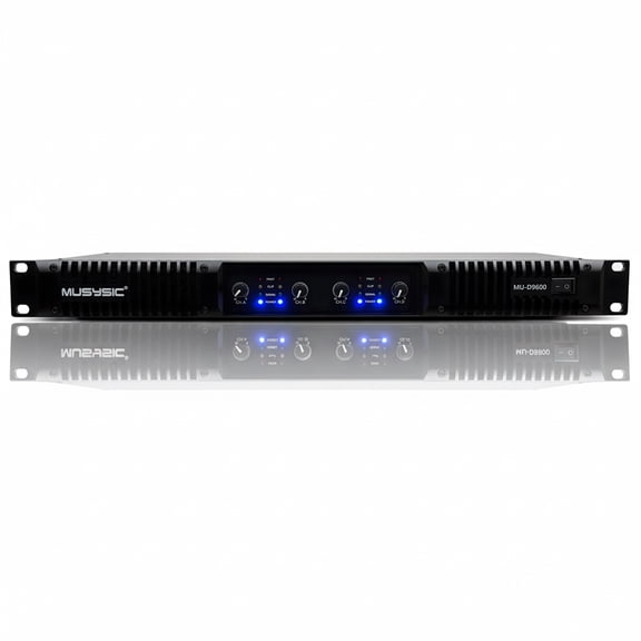 MUSYSIC MU‑D9600 Professional 4‑Channel Power Amplifier – 4×1000W @ 4 Ohm, Stereo/Parallel/Bridge Modes, LPF, XLR Inputs, Speakon Outputs, 1U Rackmount