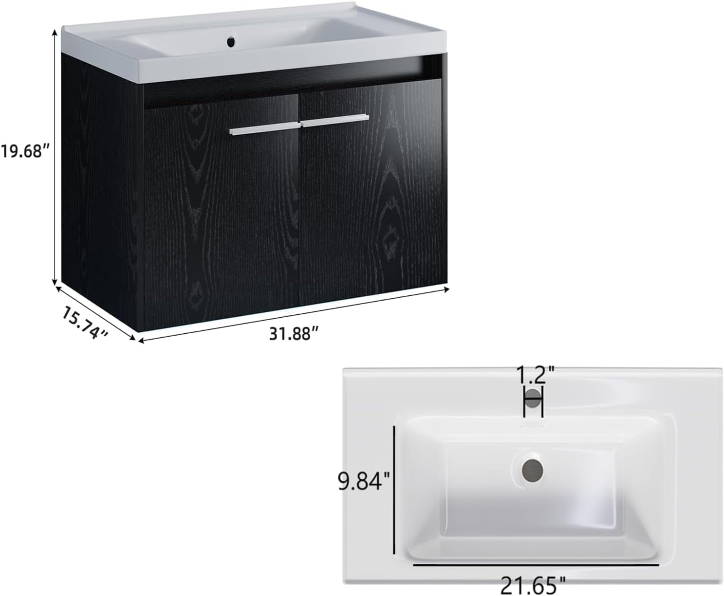 DreamCurship 31” Bathroom Vanity with Sink, Floating Bathroom Vanities with Adjustable LED Light, Bathroom Sink Cabinet with 2 Doors, Black