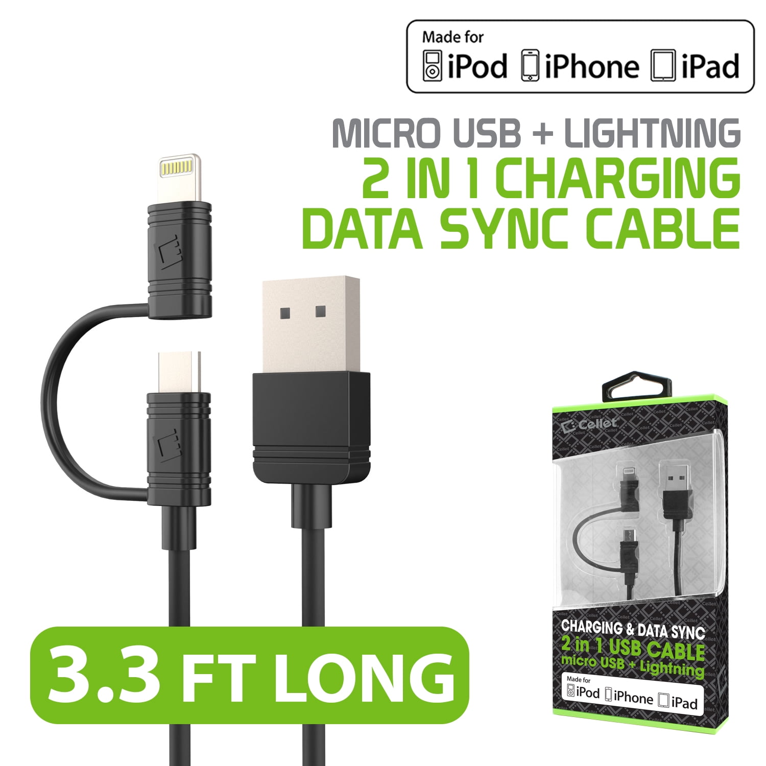 Cellet Lightning iPhone Charging Cable, (Apple MFI Certified) iPhone and iPad Charger Cord, Charging Cable. (Lighting and Micro USB Combo) - Black