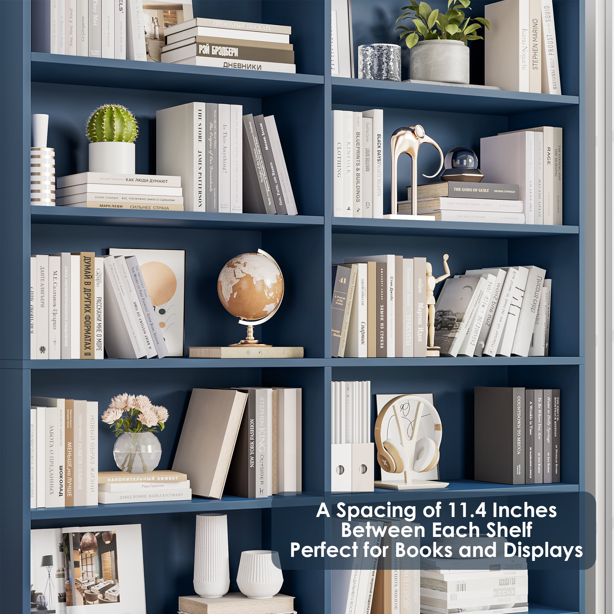 Homfa 74.3” Double Wide 6-Tier Bookcase, Extra Large Wooden Freestanding Display Bookshelf for Home Office Living Room, Blue