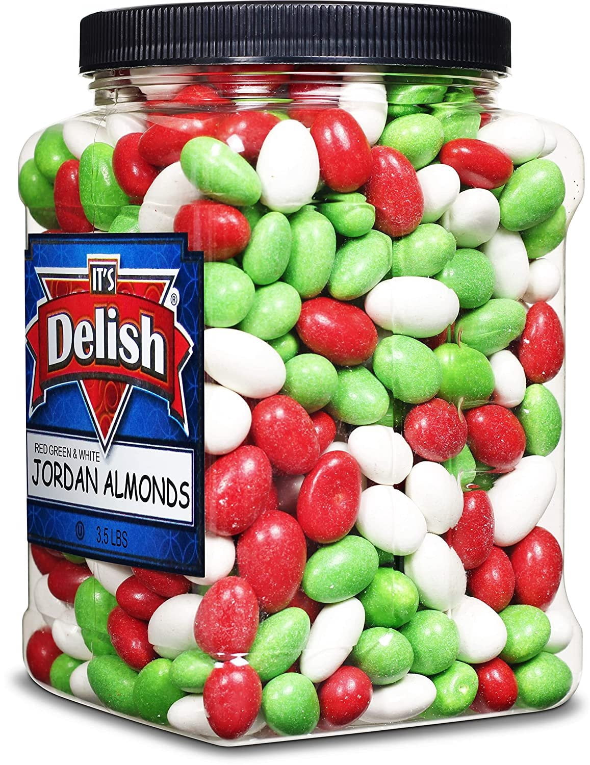 Christmas White, Red & Green Jordan Almonds by Its Delish, 3.5 lbs. Jumbo Reusable Container  Candied Almonds with Sweet Hard Candy Coating - Perfect for Christmas Themed Parties - USA Made & Vegan