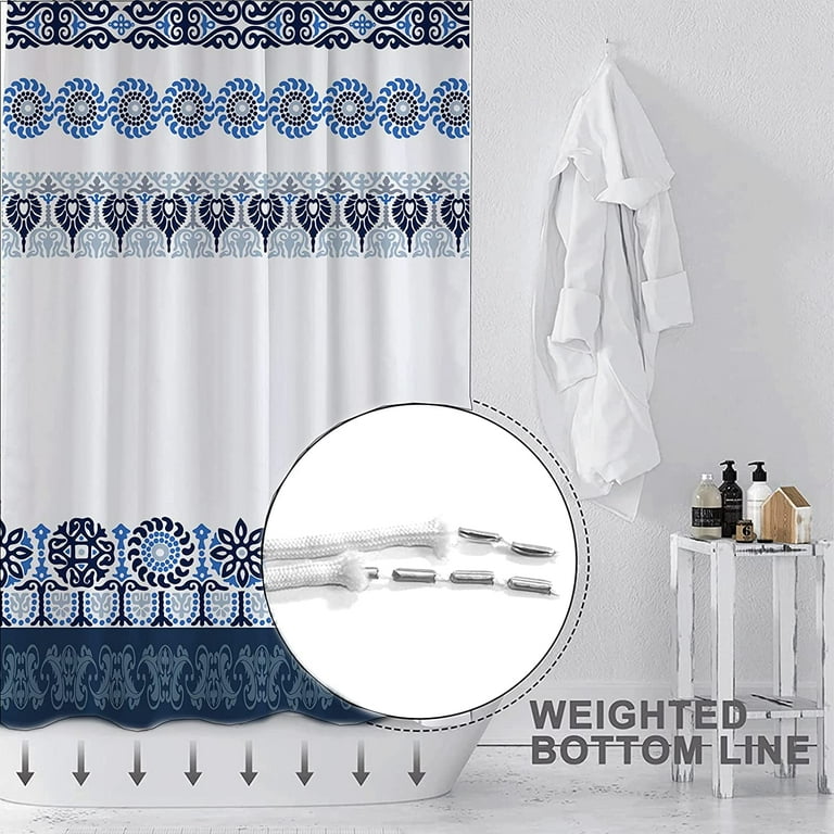  Bath Curtain Blue, Chic Shower Curtain Set W47xH79IN(120X200cm)  White Polyester Waterproof Shower Curtains with Hooks Leaf Bathroom  Decoration : Hogar y Cocina