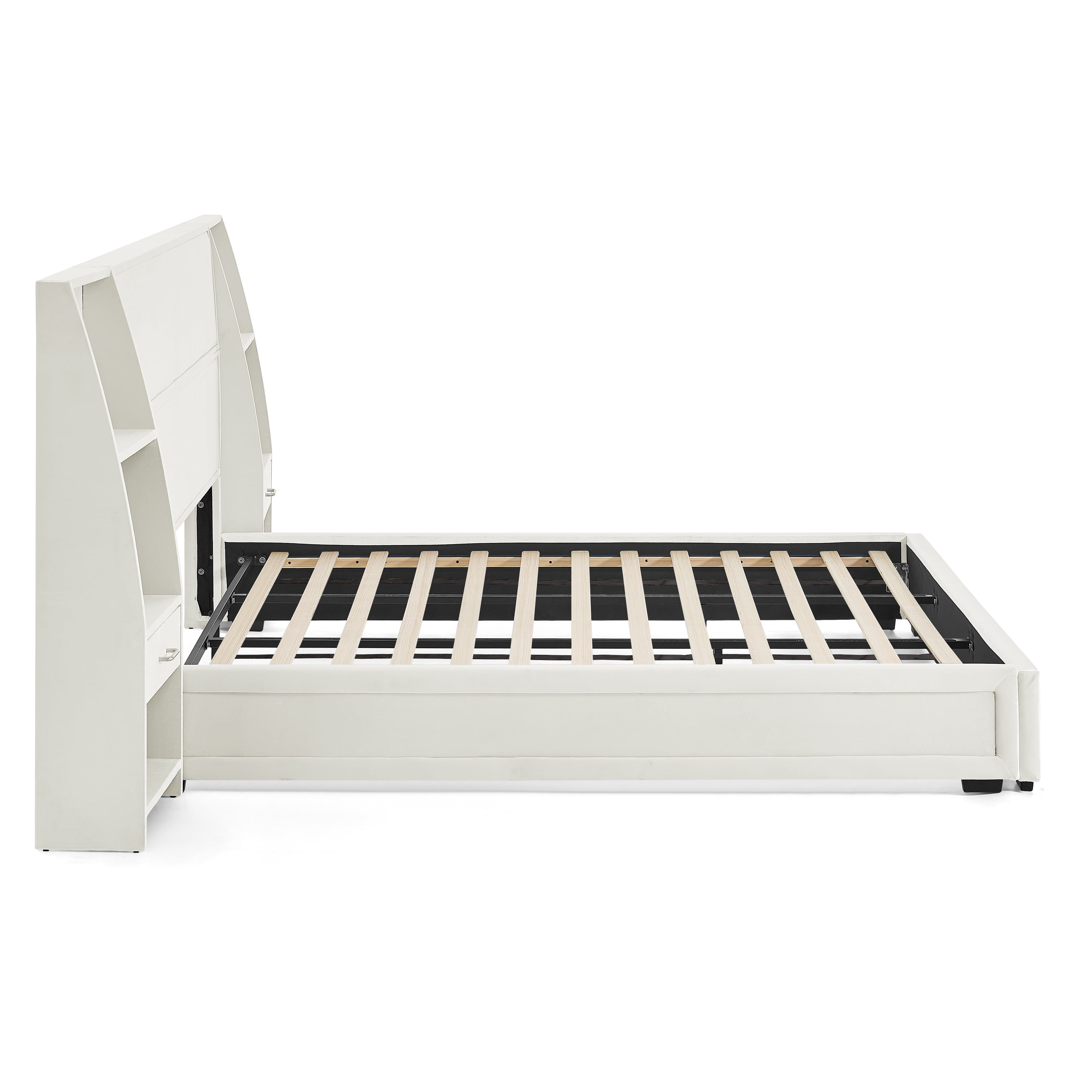 King Size Platform Bed Frame with Glossy Velvet Headboard, Side Bookcases & Drawer