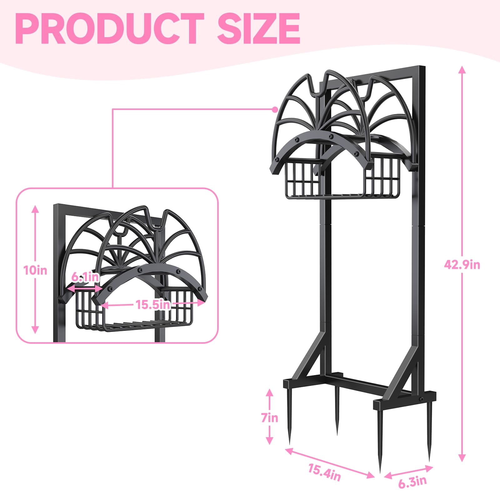 Yacona Garden Hose Holder, Freestanding Hose Storage Organizer, Heavy Duty Metal Water Reel Stand Hanger Rack with Storage Basket, Black
