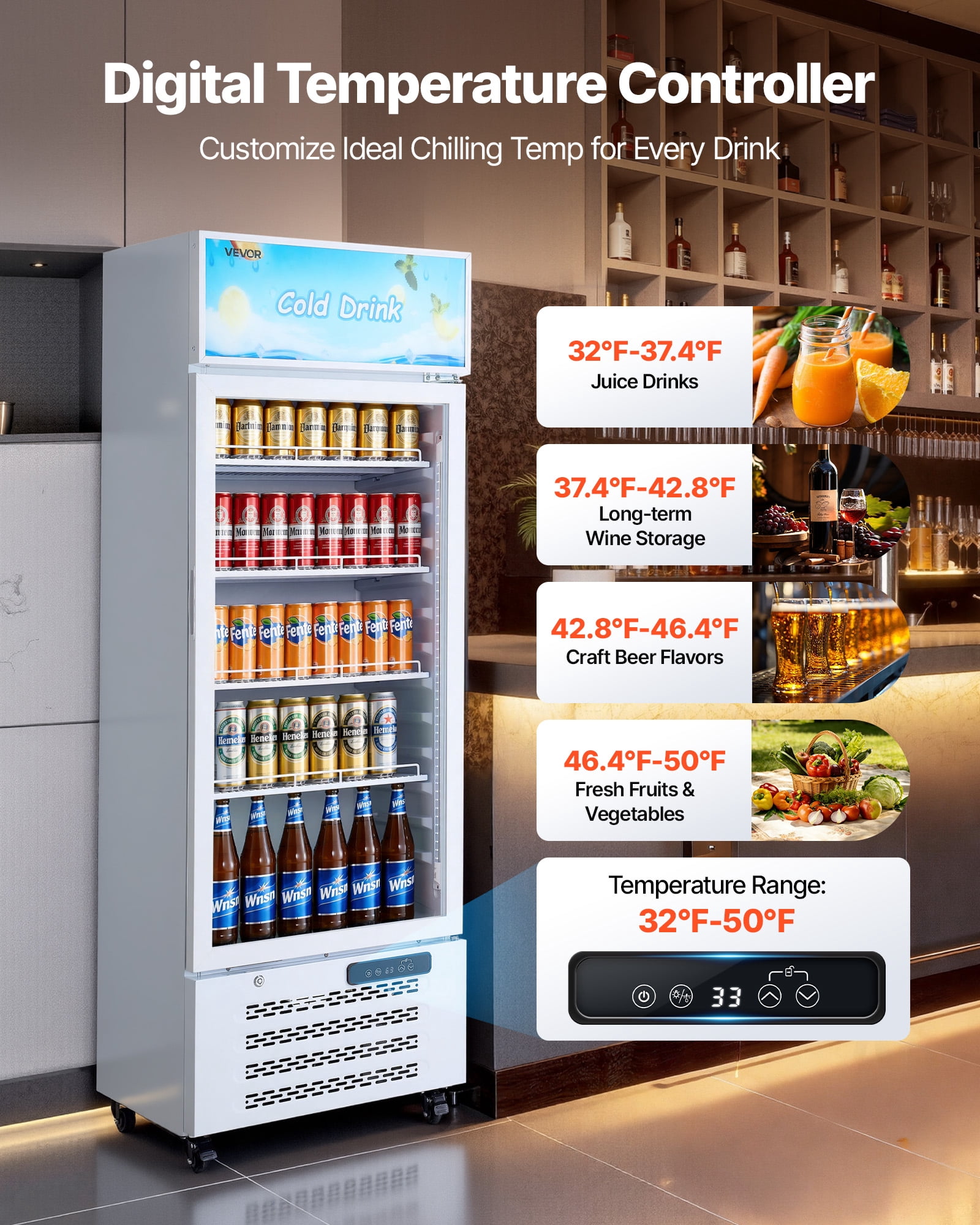 VEVOR Commercial Merchandiser Refrigerator, 9.6 Cu.Ft / 273 L Glass Door Display Refrigerator, Upright Beverage Cooler with Customizable Lightbox,4 Adjustable Shelves & Soft LED Light for Homes Shops