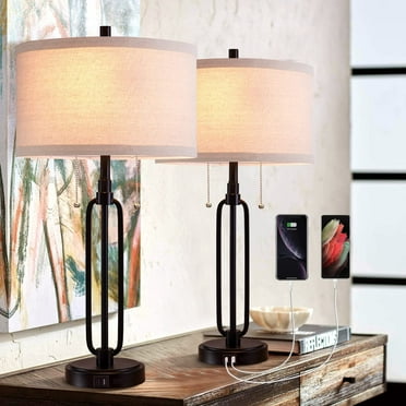 Findosom 2pcs 26" Vintage Table Lamp Set Bedside Lamp with USB & USB-C Port, Double Lights Table Lamp with DIY Linen Lampshade Nightstand Lamp for Living Room Bedroom Home Office