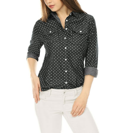 Women's Chest Pockets Point Collar Office Dots Denim Shirt Black XS (US