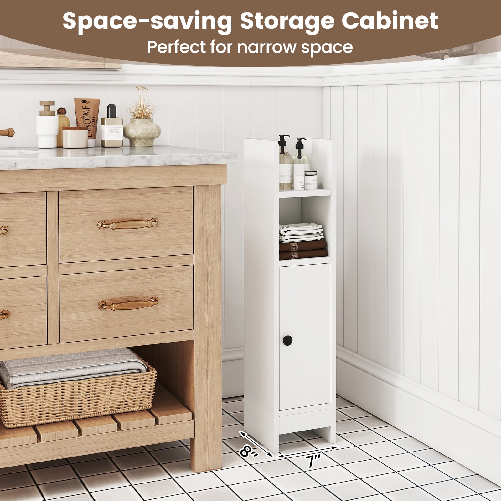 Giantex Slim Corner Bathroom Cabinet, Narrow Floor Cabinet w/ 3-Level Adjustable Shelf, Freestanding Storage Organizer, White